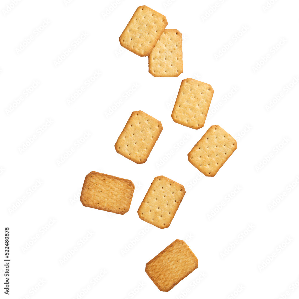 Cracker cookies falling mockup, Cutout. Cracker cookies falling mockup, Cutout.