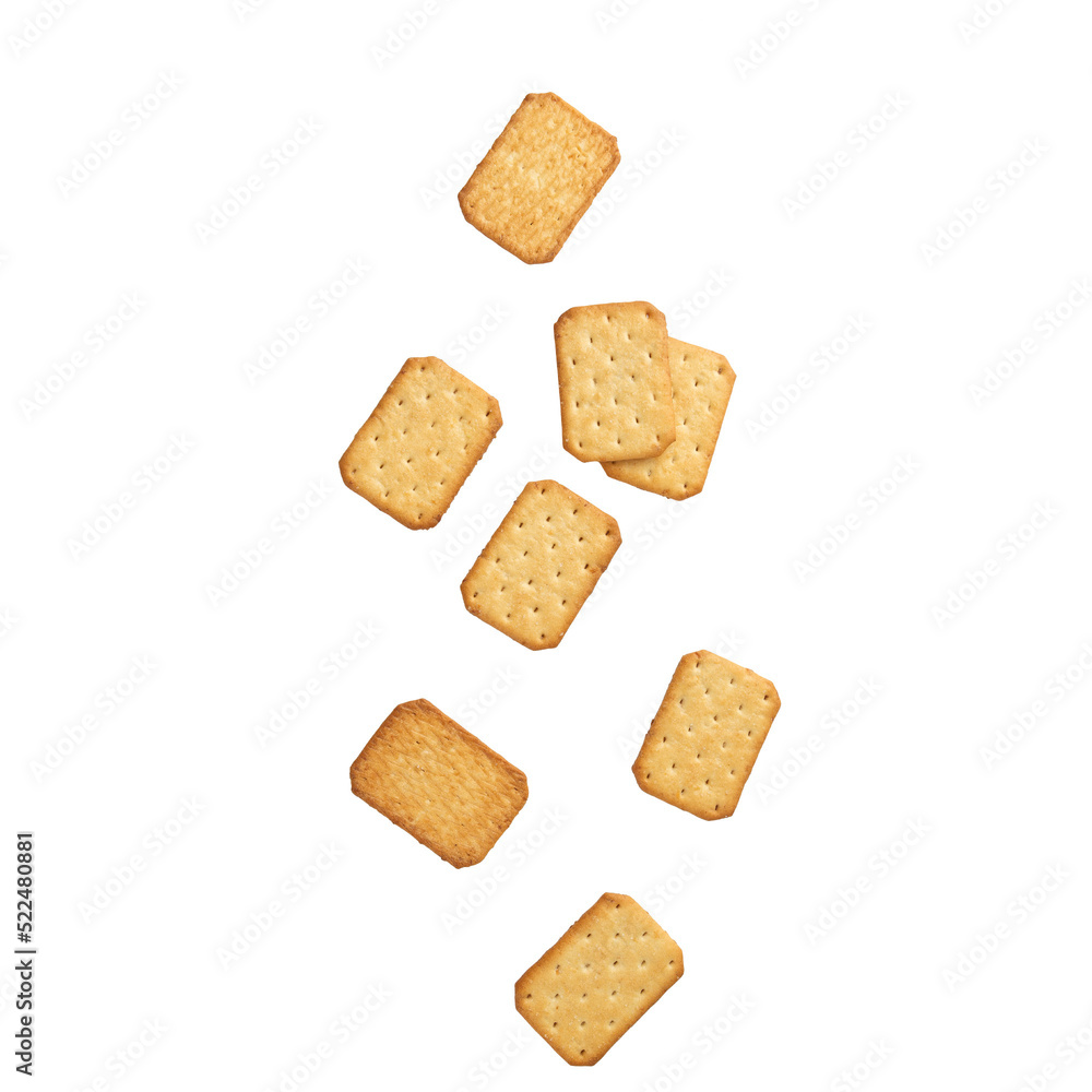 Cracker cookies falling mockup, Cutout. Cracker cookies falling mockup, Cutout.