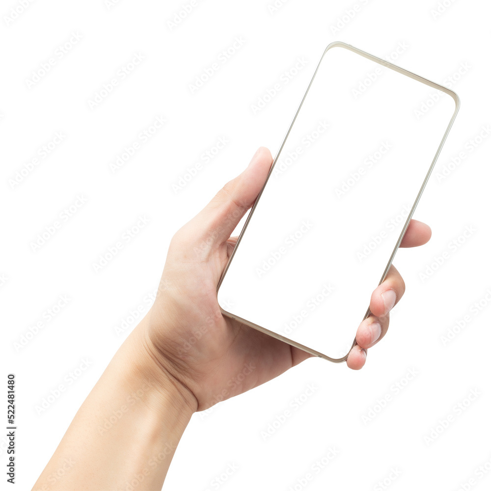 Hand holding smartphone with blank screen, Cutout. Hand holding smartphone with blank screen, Cutout.