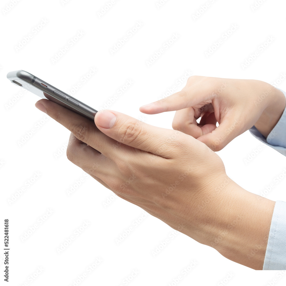 Hand using smartphone with blank screen, Cutout. Hand using smartphone with blank screen, Cutout.