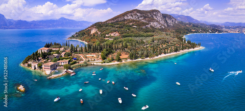 Punta San Vigilio - aerial drone view, most romantic place of Garda Lake ,Lago di Garda scenery. northern Italy