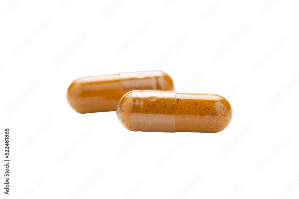 Turmeric Capsule isolated on white background with clipping path Turmeric Capsule isolated on white background with clipping path