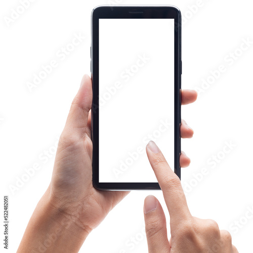 Hand using smartphone with blank screen, Cutout.