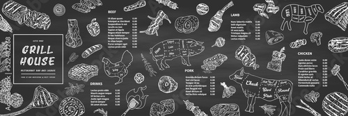 Restaurant Food Menu Design. Chicken legs, steaks, lamb ribs with vintage kitchenware kitchen utensils. Meat Fork and Butcher Cleaver and herbs knife. Sauces and ingredients for grilling. Vector.