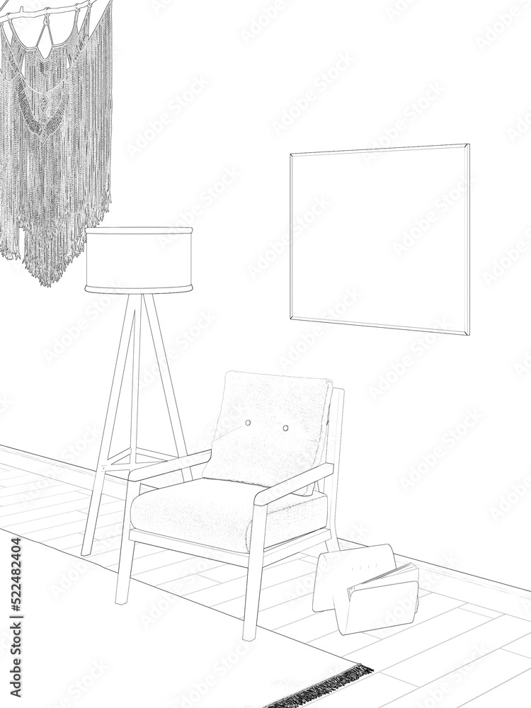 A sketch of the room with blank horizontal poster and macrame on a wall, newspaper stand near armchair with cushions and floor lamp with rattan shade, rug on the tiled floor. 3d render