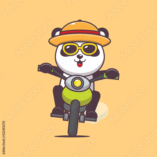 Cool panda cartoon mascot character in sunglasses ride motocycle in summer day
