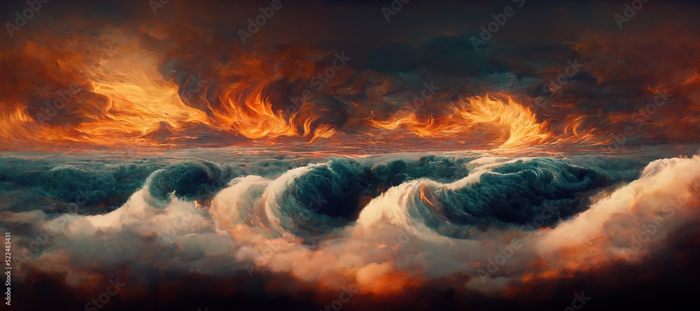 Dramatic fiery Armageddon seascape, impossibly turbulent surreal hurricane storm clouds and unreal burning sunset horizon. Gloomy overcast post apocalyptic climate disaster, digital painting.