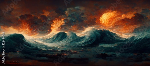 Dramatic fiery Armageddon seascape, impossibly turbulent surreal hurricane storm clouds and unreal burning sunset horizon. Gloomy overcast post apocalyptic climate disaster, digital painting. © SoulMyst