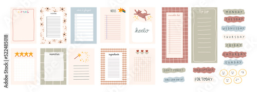 Collection of various paper notes. Blank paper notes for  to-do list,planner, memories, recipes and various stickers . Vector hand drawn illustration. All elements are isolated.