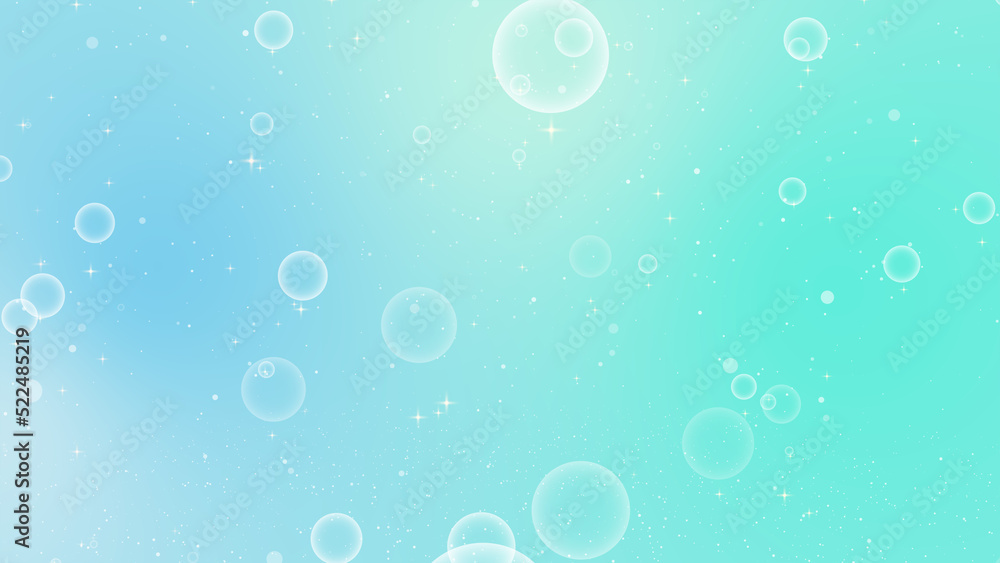 シャボン玉のパーティクルとキラキラ背景（水色）のイラスト
