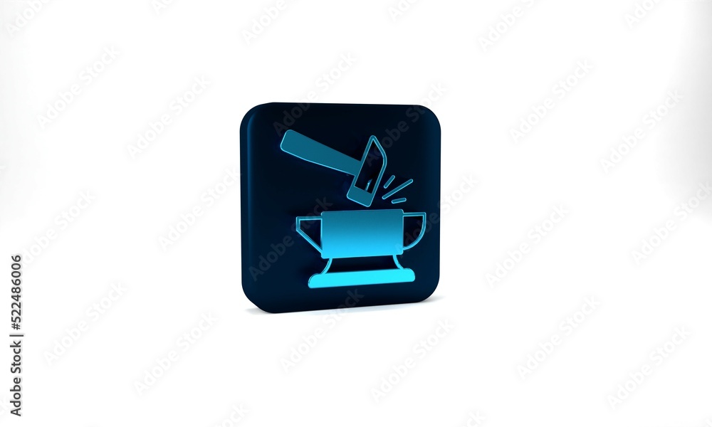 Blue Blacksmith anvil tool and hammer icon isolated on grey background. Metal forging. Forge tool. Blue square button. 3d illustration 3D render Blue Blacksmith anvil tool and hammer icon isolated on grey background. Metal forging. Forge tool. Blue square button. 3d illustration 3D render