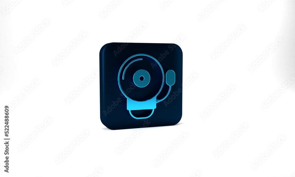 Blue Ringing alarm bell icon isolated on grey background. Fire alarm system. Service bell, handbell sign, notification symbol. Blue square button. 3d illustration 3D render Blue Ringing alarm bell icon isolated on grey background. Fire alarm system. Service bell, handbell sign, notification symbol. Blue square button. 3d illustration 3D render