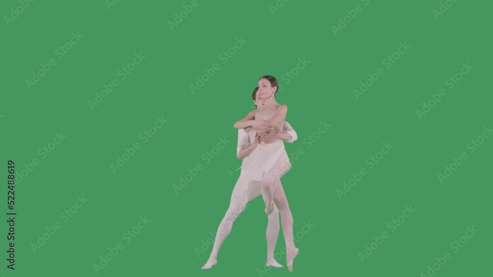 Professional ballet pair practicing moves on green screen. Gracefulness and tenderness in every movement. Professional ballet pair practicing moves on green screen. Gracefulness and tenderness in every movement.
