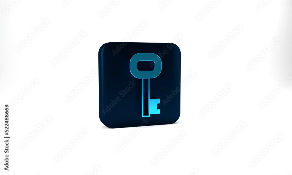 Blue Old key icon isolated on grey background. Blue square button. 3d illustration 3D render Blue Old key icon isolated on grey background. Blue square button. 3d illustration 3D render
