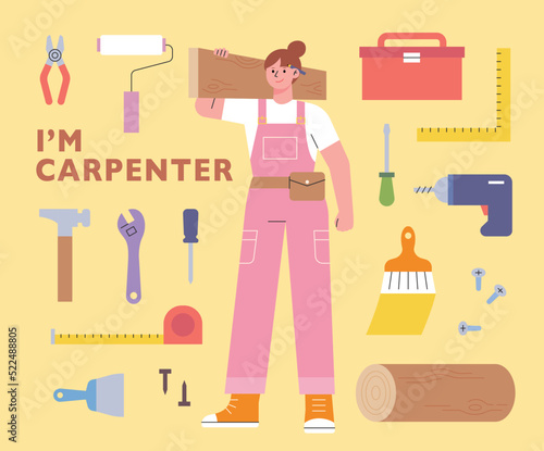 Female carpenter holding wooden planks. She has a bunch of woodworking tools around her. flat design style vector illustration.