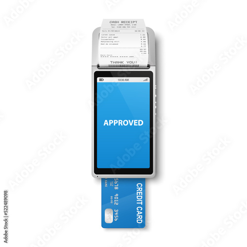 Vector 3d NFC Payment Machine with Approved Status, Credit Card and Receipt. Wi-fi, Wireless Payment. POS Terminal, Machine Design Template of Bank Payment Contactless Terminal, Mockup. Top VIew