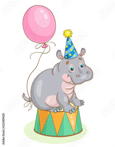 Small cute hippopotamus sits on a circus pedestal in a festive hat and with a pink balloon. In cartoon style. Isolated white background.