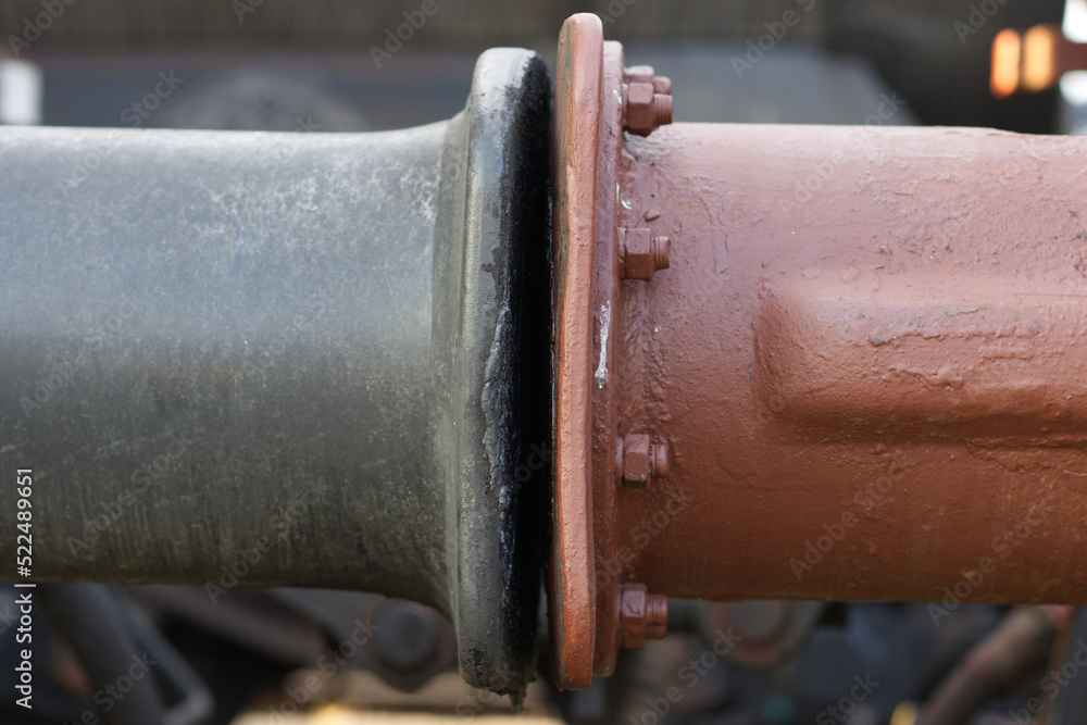 Close up of a Train car coupler joint. Train connector. Close up detai