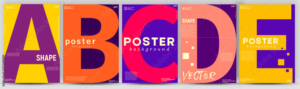 Fototapeta premium Creative fashionable poster design. Letters A,B,C,D,E. Alphabet. Template poster, banner, magazine mockup.