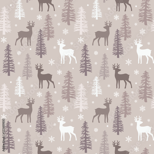 Christmas seamless pattern with forest deer, spruce trees and snowflakes. Vector illustration.