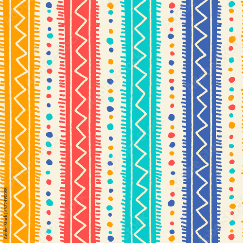 Ethnic Tribal Geometric Folk Indian Scandinavian Gypsy Mexican Boho African Ornament Texture Seamless Pattern Zigzag Dot Line Vertical Stripes Color Print Textiles Background Vector Illustration