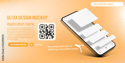 UI or UX smartphone mobile app template on orange background with application blank windows on phone screen - description and download link with QR code included