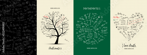 Math concept art collection. Frame, pattern, tree. Set for your design project - cards, banners, poster, web, print, social media, promotional materials. Vector illustration