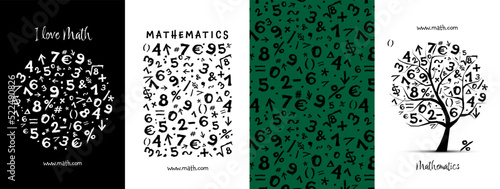 Math concept art collection. Frame, pattern, tree. Set for your design project - cards, banners, poster, web, print, social media, promotional materials. Vector illustration