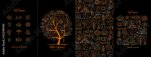 Autumn, Fall season. Frame, pattern, tree. Set of hand drawn concept art for your design project - cards, banners, poster, web, print, social media, promotional materials. Vector illustration