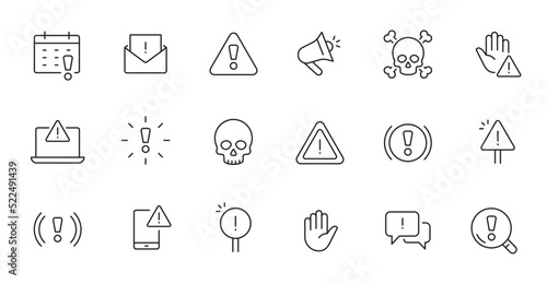 Alert, risk sign line icon set. Caution, warning, exclamation mark thin editable line stroke icon. Alert information, accident notification vector illustration.