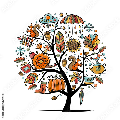 Autumn tree isolated on white, Fall season. Hand drawn concept art for your d...