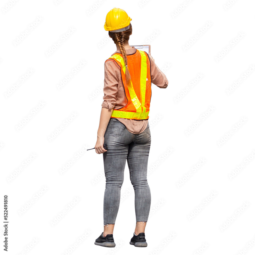 Portrait of female worker in a uniform, foreman in hardhat, job and occupation concepts Portrait of female worker in a uniform, foreman in hardhat, job and occupation concepts
