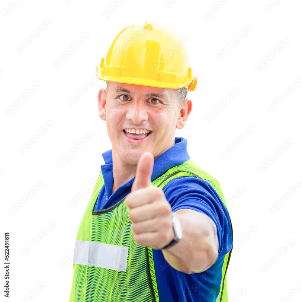 Portrait of worker man in a uniform showing thumbs up, foreman in hardhat, job and occupation concepts