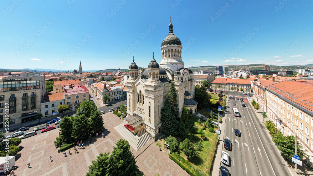 Aerial drone wide view of The Orthodox Cathedral in Cluj, Romania