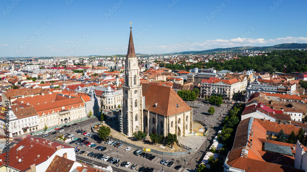 Aerial drone view of Saint Michael Church in Cluj, Romania