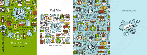 Organic natural milk farm. Set of 4 concept art for your design project - cards, banners, poster, web, print, social media, promotional materials. Vector illustration