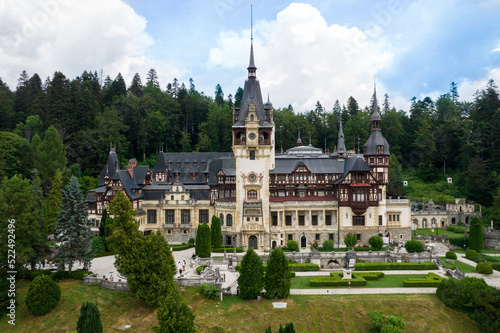 Aerial drone view of The Peles Castle in Romania