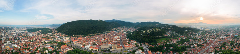 Aerial drone panoramic view of Brasov, Romania