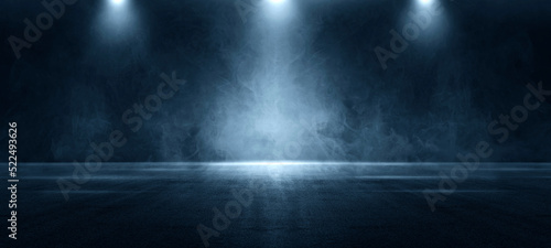 A dark empty street, dark blue background, an empty dark scene, neon light, spotlights The asphalt floor and studio room with smoke float up the interior texture. night view