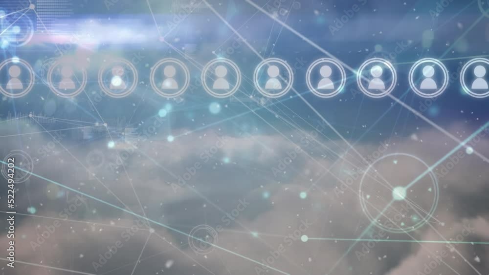 Animation of network of connections with people icons over clouds and sky background Animation of network of connections with people icons over clouds and sky background