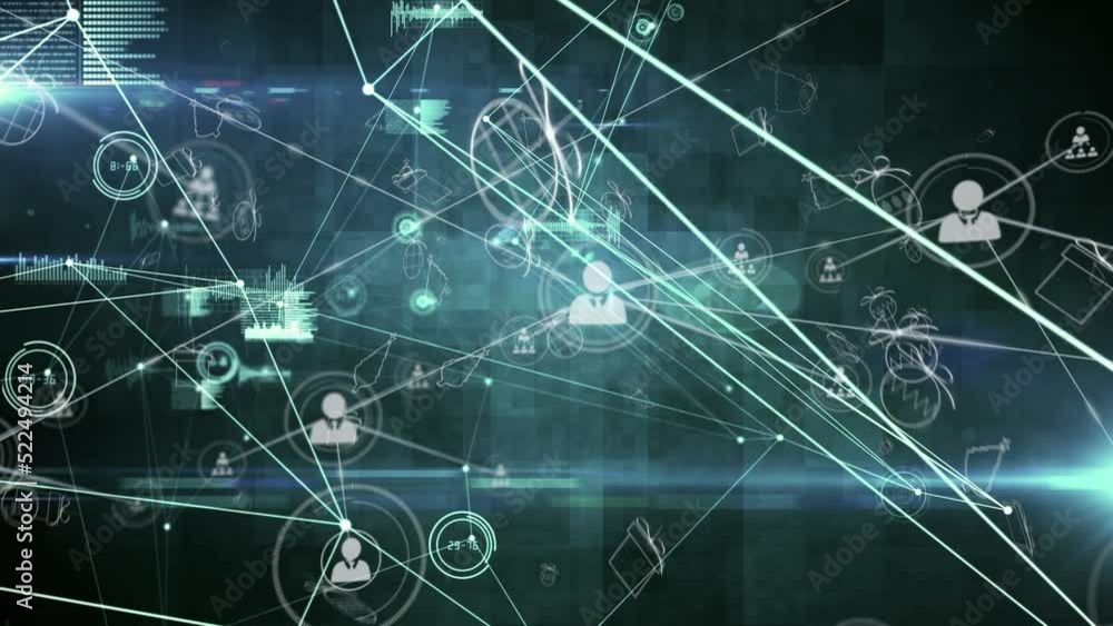 Animation of network of connections with people icons over green background Animation of network of connections with people icons over green background