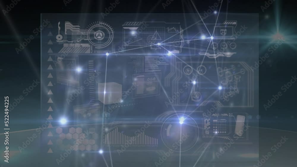 Animation of network of connections over data processing on black background Animation of network of connections over data processing on black background
