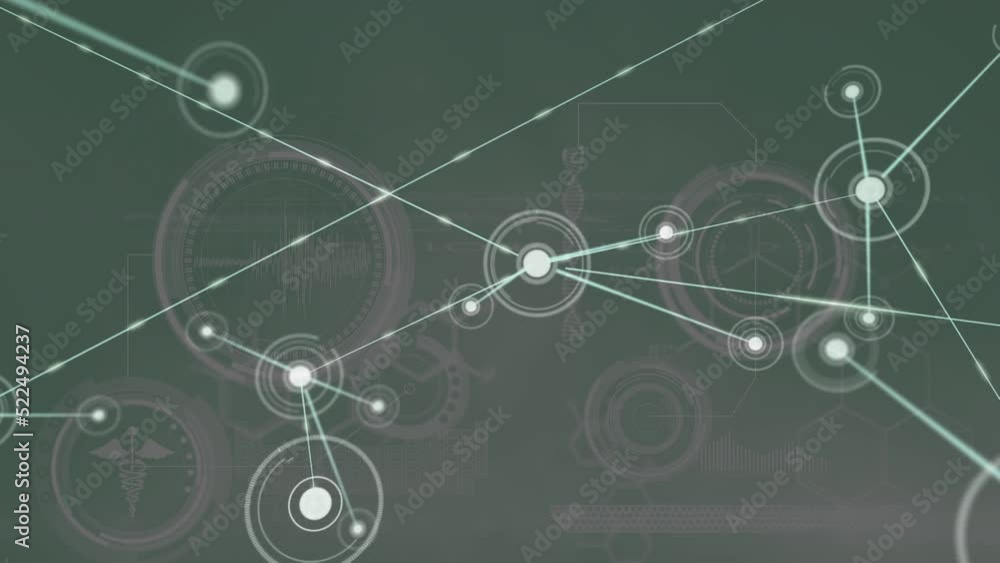 Animation of network of connections over data processing on grey background Animation of network of connections over data processing on grey background