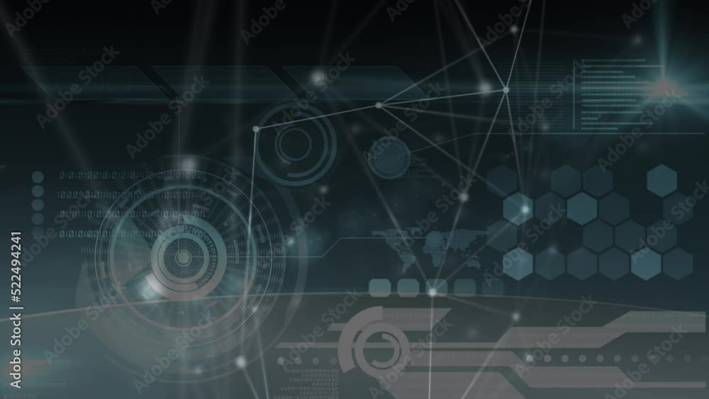 Animation of network of connections over data processing on black background Animation of network of connections over data processing on black background