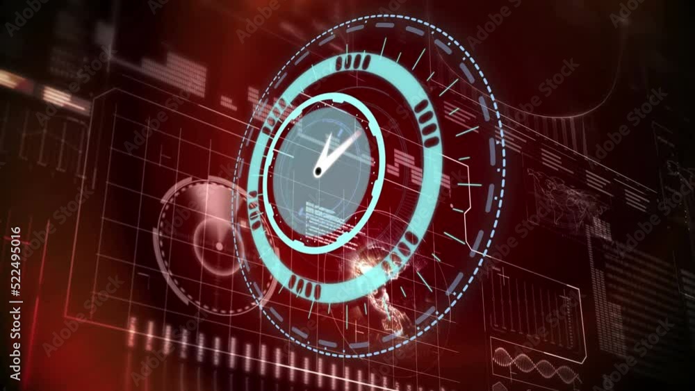 Animation of scope scanning with clock over data processing on red background Animation of scope scanning with clock over data processing on red background