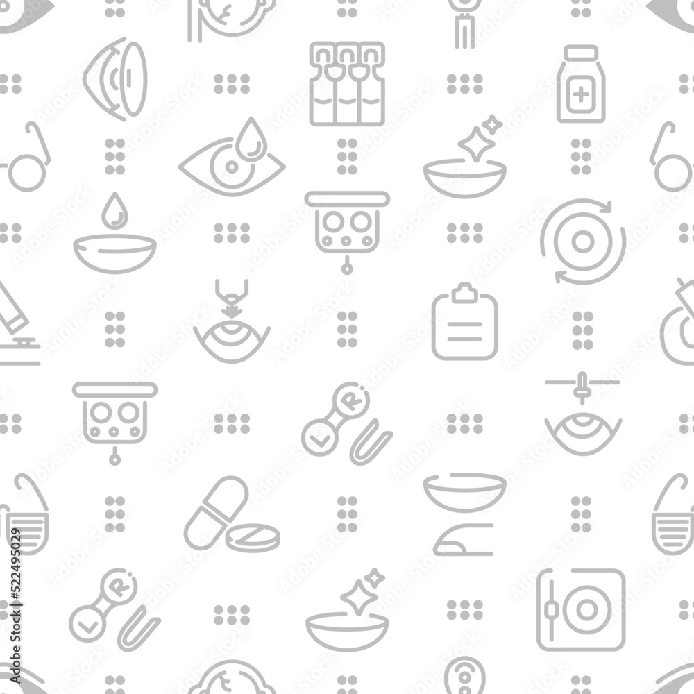 Ophthalmology related seamless pattern with outline icons. Vector illustration include icon - contact lens, eyeball, glasses, eye check, outline pictogram for optometrist equipment. Ophthalmology related seamless pattern with outline icons. Vector illustration include icon - contact lens, eyeball, glasses, eye check, outline pictogram for optometrist equipment.