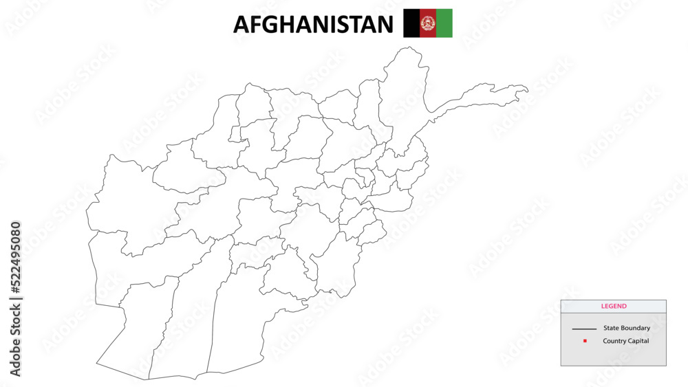 Afghanistan Map. State and district map of Afghanistan. Political map of Afghanistan with outline and black and white design.