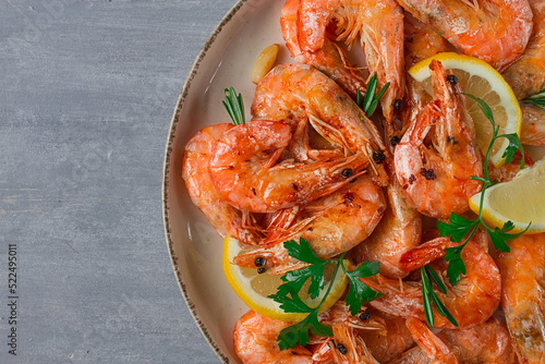 Fried with spices, King prawns, undivided , top view, selective focus, seafood, shrimp, no people, photo