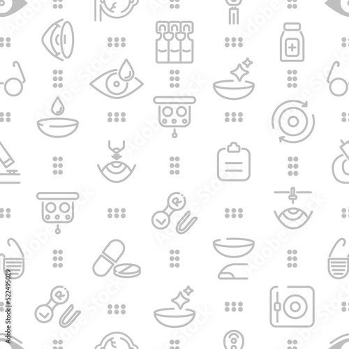 Ophthalmology related seamless pattern with outline icons. Vector illustration include icon - contact lens, eyeball, glasses, eye check, outline pictogram for optometrist equipment. 