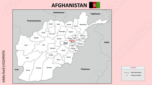 Afghanistan Map. State and district map of Afghanistan. Administrative map of Afghanistan with district and capital in white color.